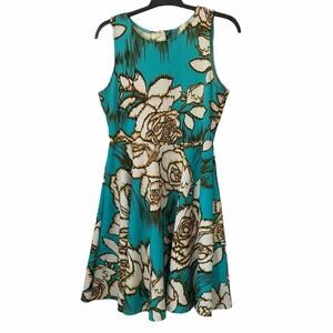 Electric Aqua Blue & Gold Floral Open Back Dress